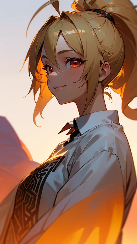 1 person、Sharp focus、(Bokeh) (Highest quality) (Detailed skin:1.3) (Intricate details) (anime)、 Blonde ponytail、Ahoge、Beautiful red eyes、smile、Ethnic patterned white shirt、Slender body、From the side、Upper body close-up、Golden hour sky