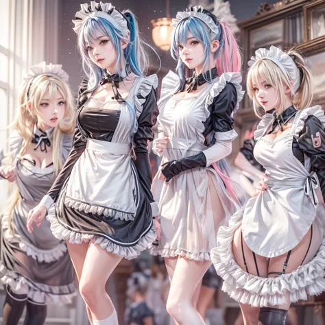 (full body of extremely detailed((sexy maid group in a row:1.37))), kawaii perfect face, reflective eyes, detailed(delicate clot...