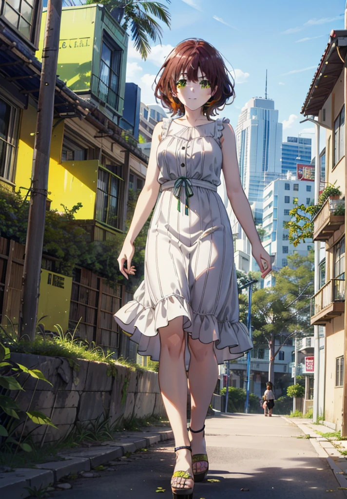 Seven days, Aoi Hinami, short hair, bangs, Brown Hair, (Green Eyes:1.5), smile,Straw hat,Sleeveless dress,Bare arms,Long skirt,Cute heeled sandals,Walking,morning,morning陽,The sun is rising,Palm tree,whole bodyがイラストに入るように,
break outdoors, Coastal Road,tropical,
break looking at viewer,whole body,
break (masterpiece:1.2), Highest quality, High resolution, unity 8k wallpaper, (figure:0.8), (Beautiful attention to detail:1.6), Highly detailed face, Perfect lighting, Highly detailed CG, (Perfect hands, Perfect Anatomy),