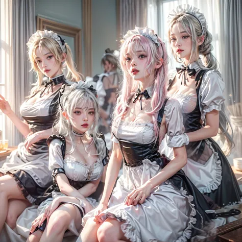 (full body of extremely detailed((sexy maid group in a row:1.37))), kawaii perfect face, reflective eyes, detailed(delicate clot...