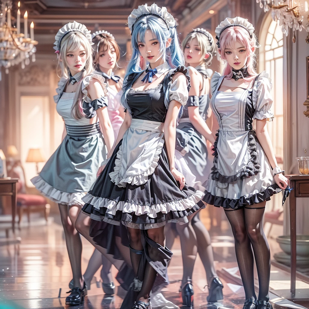 (Full Body of Extremely Detailed((Sexy Maid Group in a row:1.37))), KAWAII perfect face, Reflective Eyes, Detailed(Delicate Clothing textures), Correct Leg Line, Dynamic Joyful Expressions LifeLike Rendering, Specular Reflection, TopQuality 8K Ultra-detailed masterpiece (ProfessionalPhoto:1.37), (Acutance:0.8), (Luminism:1.28), (Renaissance art style), Colorful Light particles, ((Full body from side)), {Kissing|Thigh Gap|AssFocus|(NakedApron with Overflowing SideBoob)}, Radiant Fine Skin with Transparency, (Exposed:0.4), (Different types of Anime hair color){Pink Hair|Blue Hair|Platinum Blonde|Pure White Hair|Liquid Hair}, Perfect Lighting 