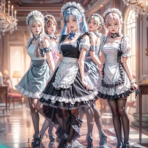 (full body of extremely detailed((sexy maid group in a row:1.37))), kawaii perfect face, reflective eyes, detailed(delicate clot...