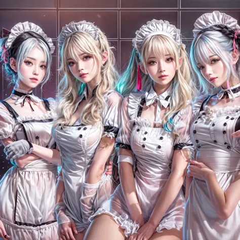 (full body of extremely detailed((sexy maid group in a row:1.37))), kawaii perfect face, reflective eyes, detailed(delicate clot...