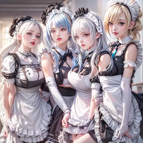 (full body of extremely detailed((sexy maid group in a row:1.37))), kawaii perfect face, reflective eyes, detailed(delicate clot...