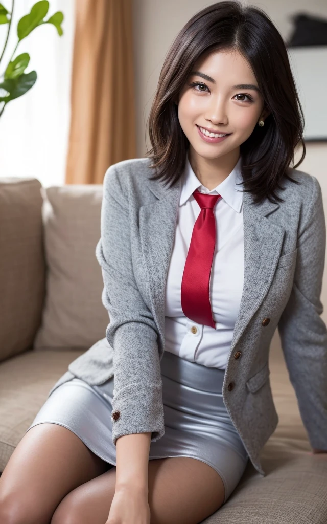 girl, Hyper Realistic, masterpiece, smile, portrait, bobhair, light gray pencil skirt suit, white shirt, red necktie, pantyhose