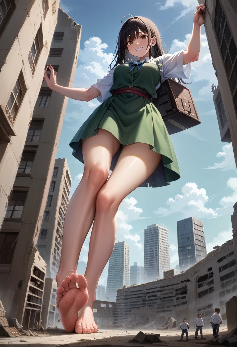 woman、giantess、Giantess、walk、Lift your legs、Low - Angle、smile、A lot of people、The fugitive々、A distant view of a broken miniature cityscape、A distant view of a broken miniature avenue、A devastating landscape、Devastating damage、Miniature ruins scenery、womanを大きく描く