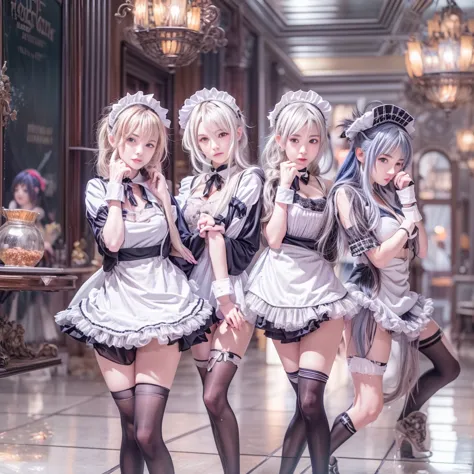 (full body of extremely detailed((sexy maid group in a row:1.37))), kawaii perfect face, reflective eyes, detailed(delicate clot...