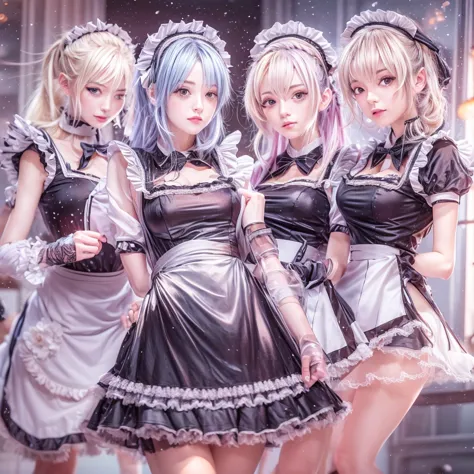 (full body of extremely detailed((sexy maid group in a row:1.37))), kawaii perfect face, reflective eyes, detailed(delicate clot...