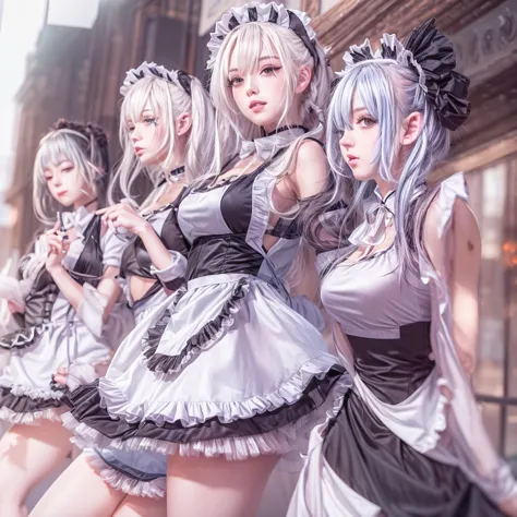 (full body of extremely detailed((sexy maid group in a row:1.37))), kawaii perfect face, reflective eyes, detailed(delicate clot...