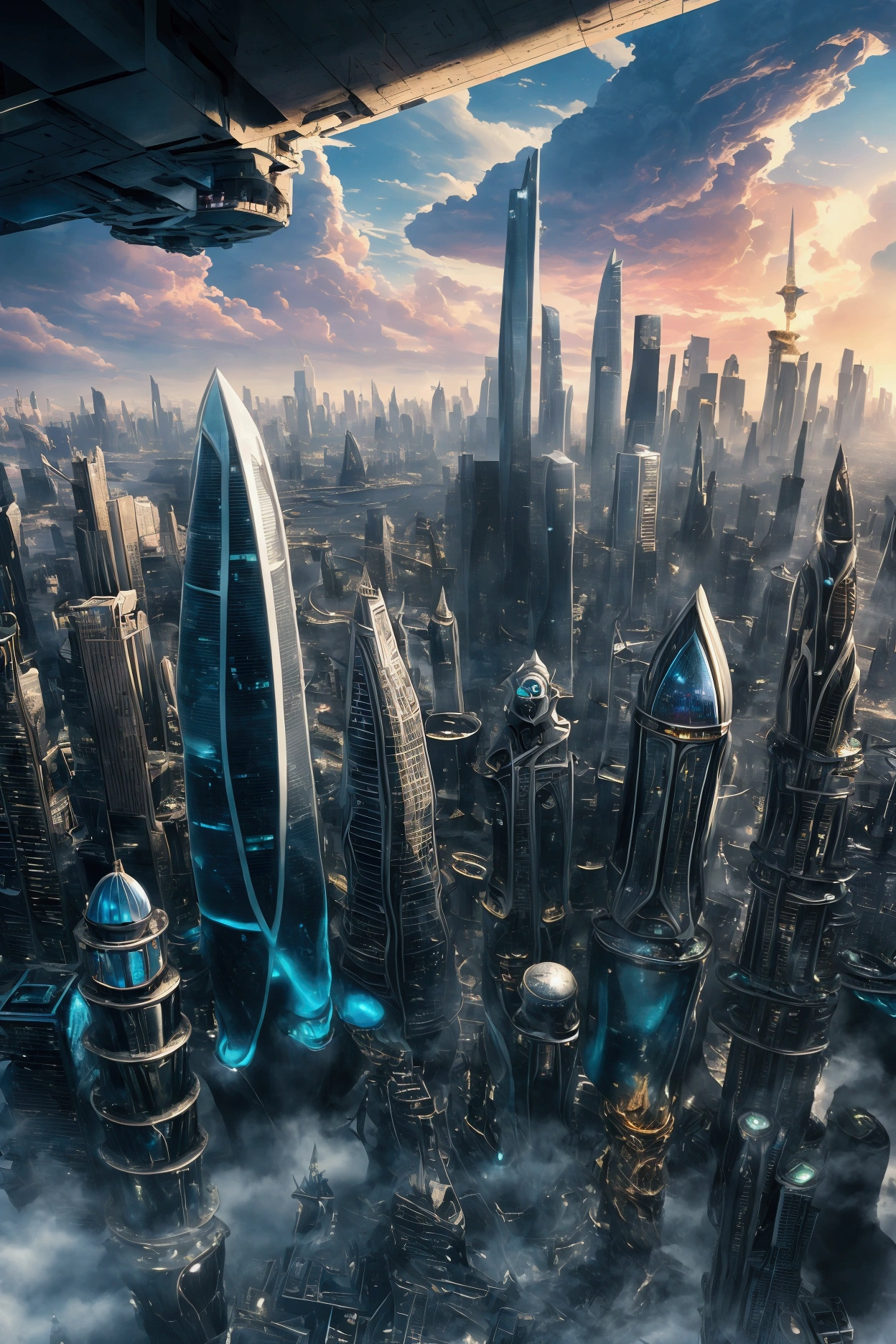 "Surrealist Cityscape": A city built on the edge of reality, with gravity-defying skyscrapers twisting and turning into impossible shapes. The sky is a mix of vibrant pastels and stormy clouds, with floating islands and surrealist elements like melting clocks and giant eyes watching over the city.