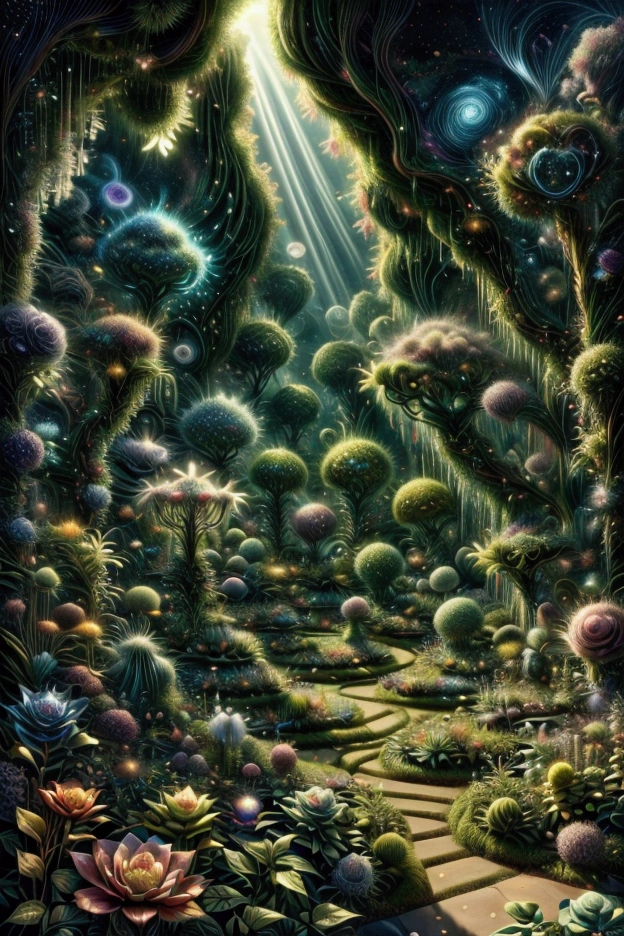 "Quantum Garden": A quantum garden where plants are fractal shapes that replicate infinitely in all directions. Space seems distorted, with flowers that change color and shape in response to the viewer&#39;s observations. Light appears to bend around objects, creating impossible shadows and distorted reflections.