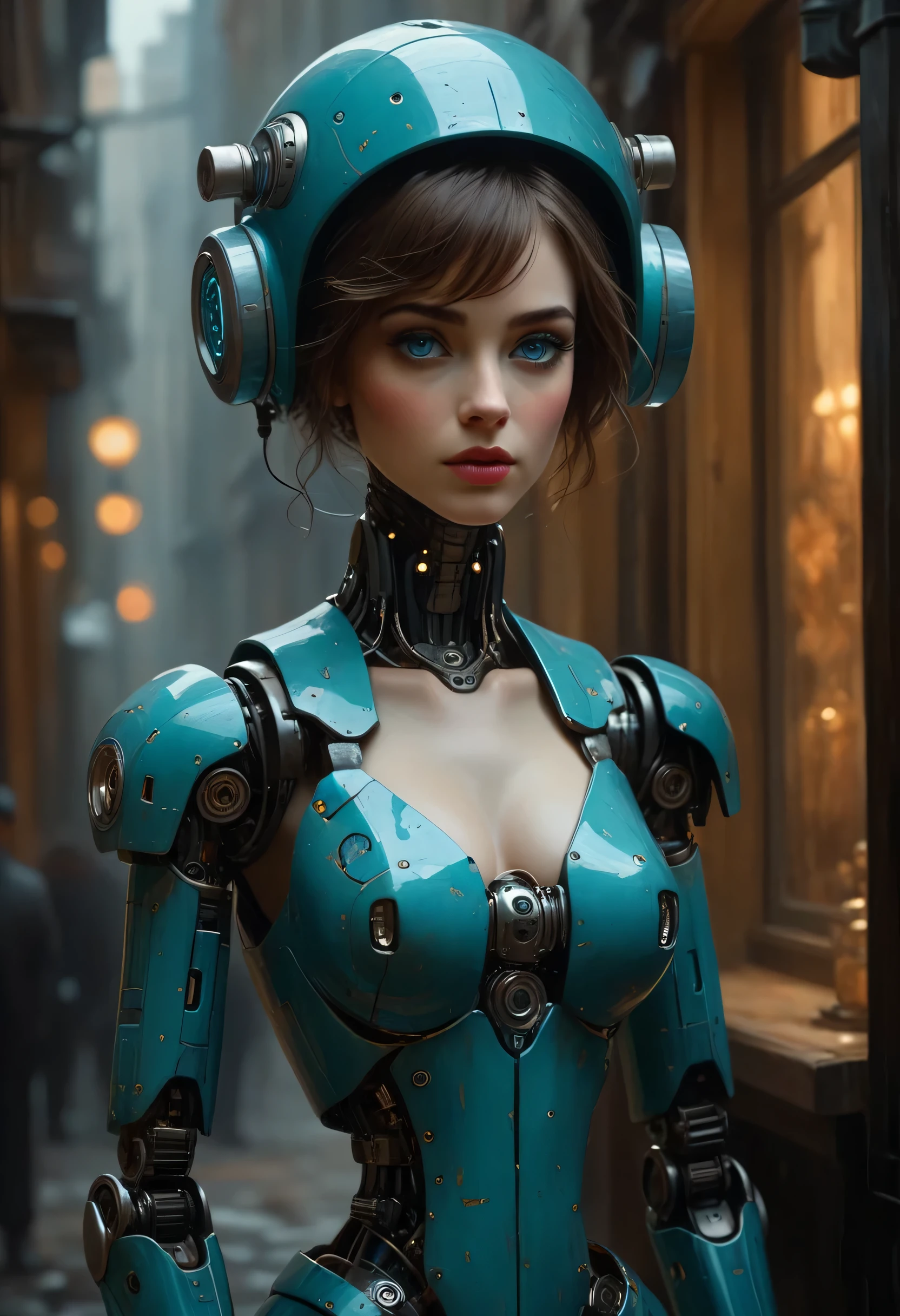 complete view. Funny little robot, porcelain face and head, big turquoise eyes, perfects eyes, high-quality style. A beautiful impressionistic cinematic image, a dark dramatic character, not styled by Jeremy Mann and Charles Dana Gibson, Mark Demsteder, Paulo Hedley. Spartak Mukanov.
