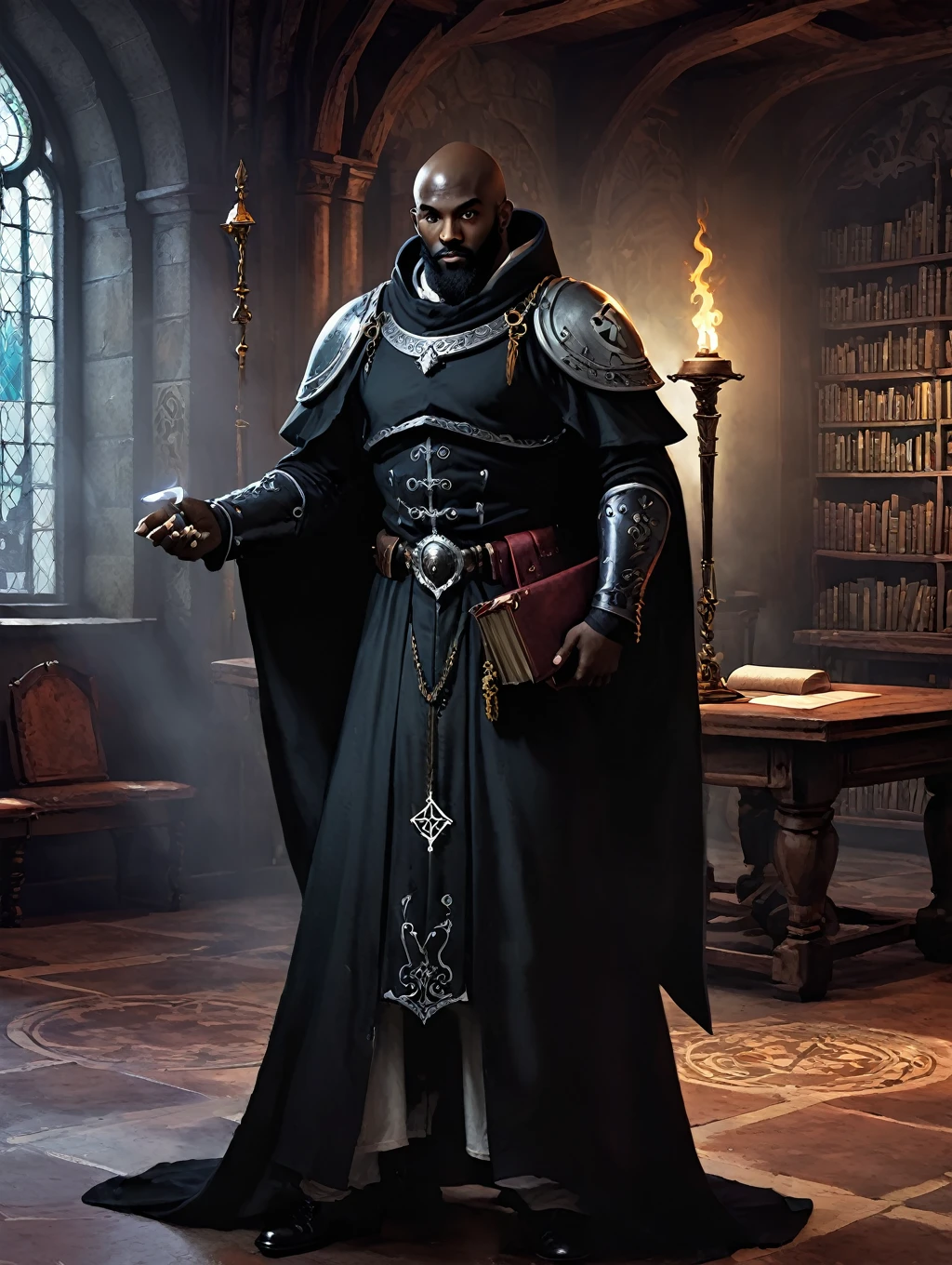 vmedieval fantasy character, RPG, mmo RPG, magician, black velvet cover with white interior and silver details, cartola de magician, dark-skinned, big fit ass e forte, baldie, of coccus, mystical runes emanndao magic, arcane grimoire, and magic staff,  30 year old appearance, short black beard, coulos, in an arcane library. medieval style with Victorian features, alchemy table in the background and scrolls scattered around, RPG fantisia medieval,  blacksad, big fit ass, Very strong 