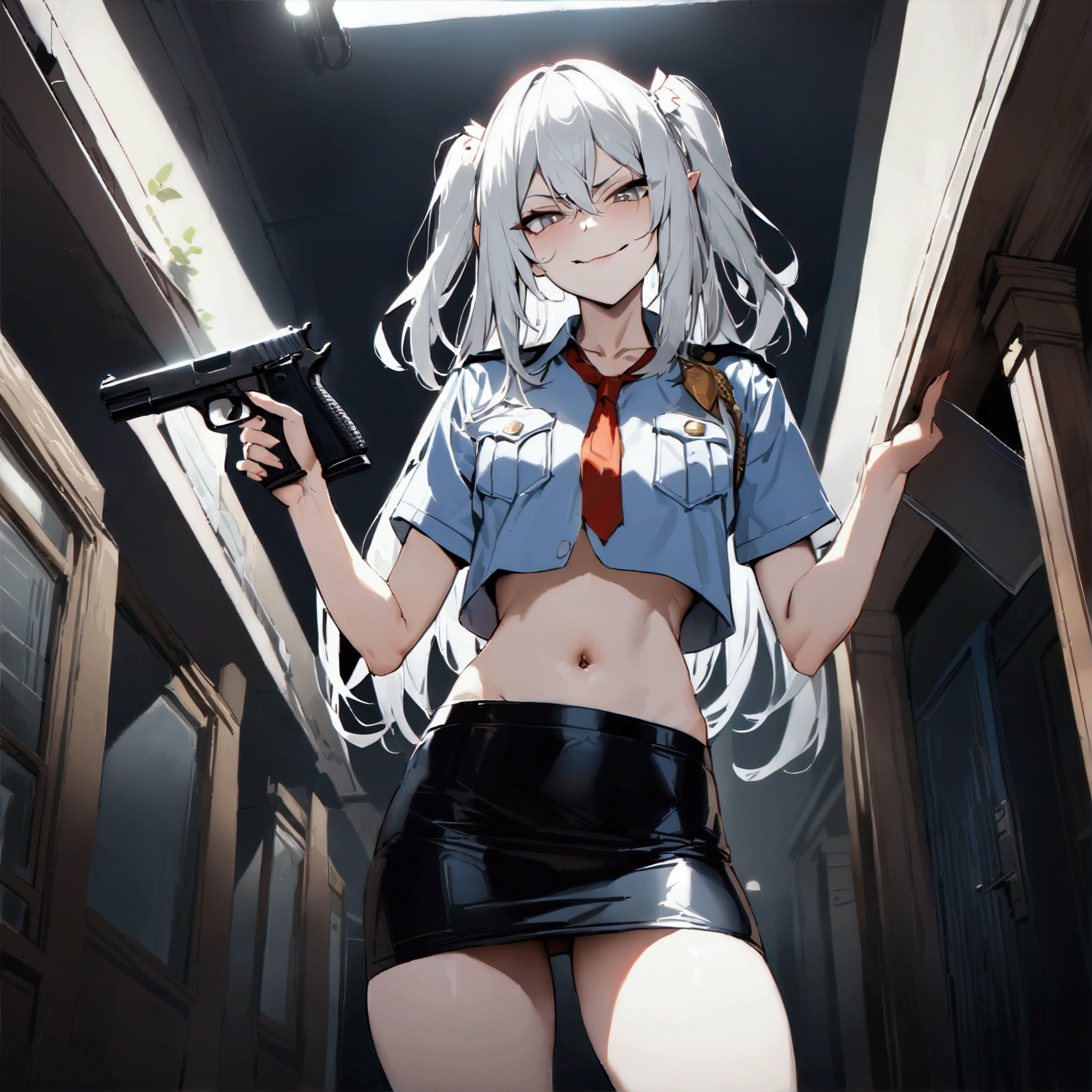 NSFW,masterpiece,Highest quality,High resolution,Super detailed,Shishirabotan\(Hololive\),Long Hair、Two Side Up,(((police costume))),navel,pencil skirt,evil smile,hanging guns,standing