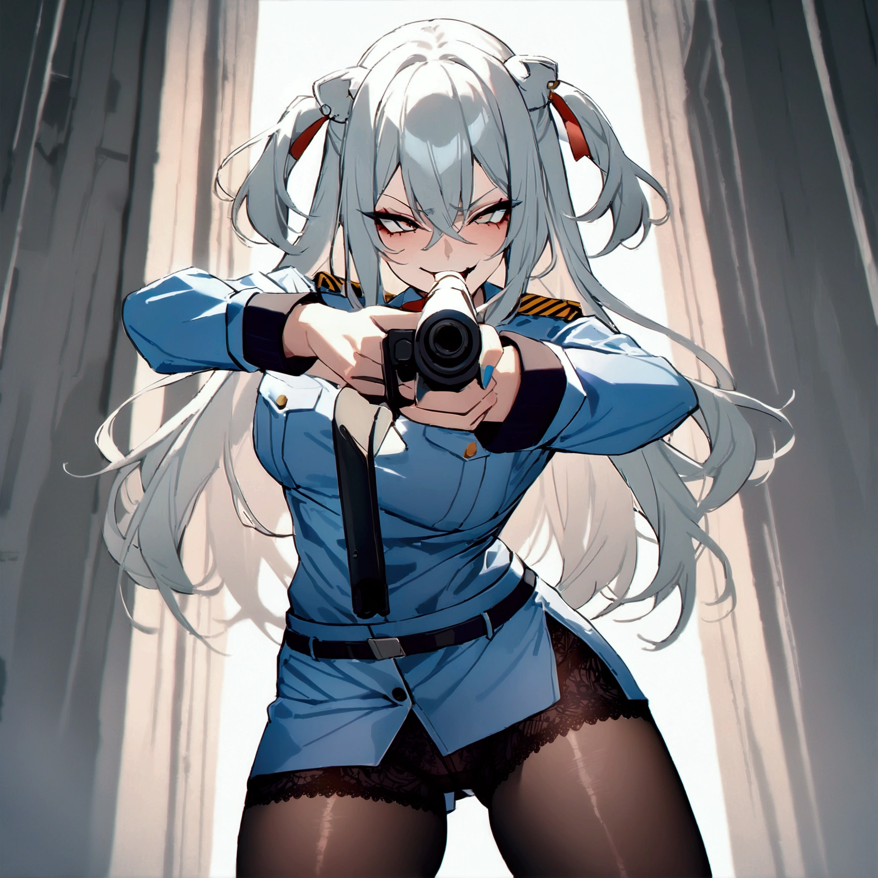 NSFW,masterpiece,Highest quality,High resolution,Super detailed,Shishirabotan\(Hololive\),Long Hair、Two Side Up,(((police costume))),lace panties,pantyhose,pencil skirt,evil smile,aiming pistol