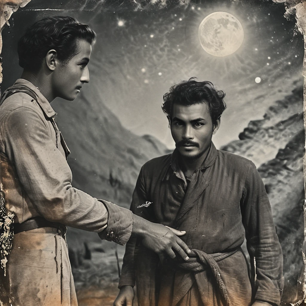 in the year of 18th century in Malaya. Historical photo, vintage photo. analog photo. an old Malay man dressing in 18th century cloth. shaking hand with an outer space encounter Alien. the creature has big head and eyes. skinny body and long leg. background of an old Malay village near the sea. can sea UFO as a background far behind them. monotone color, extreme details, 8k photo.