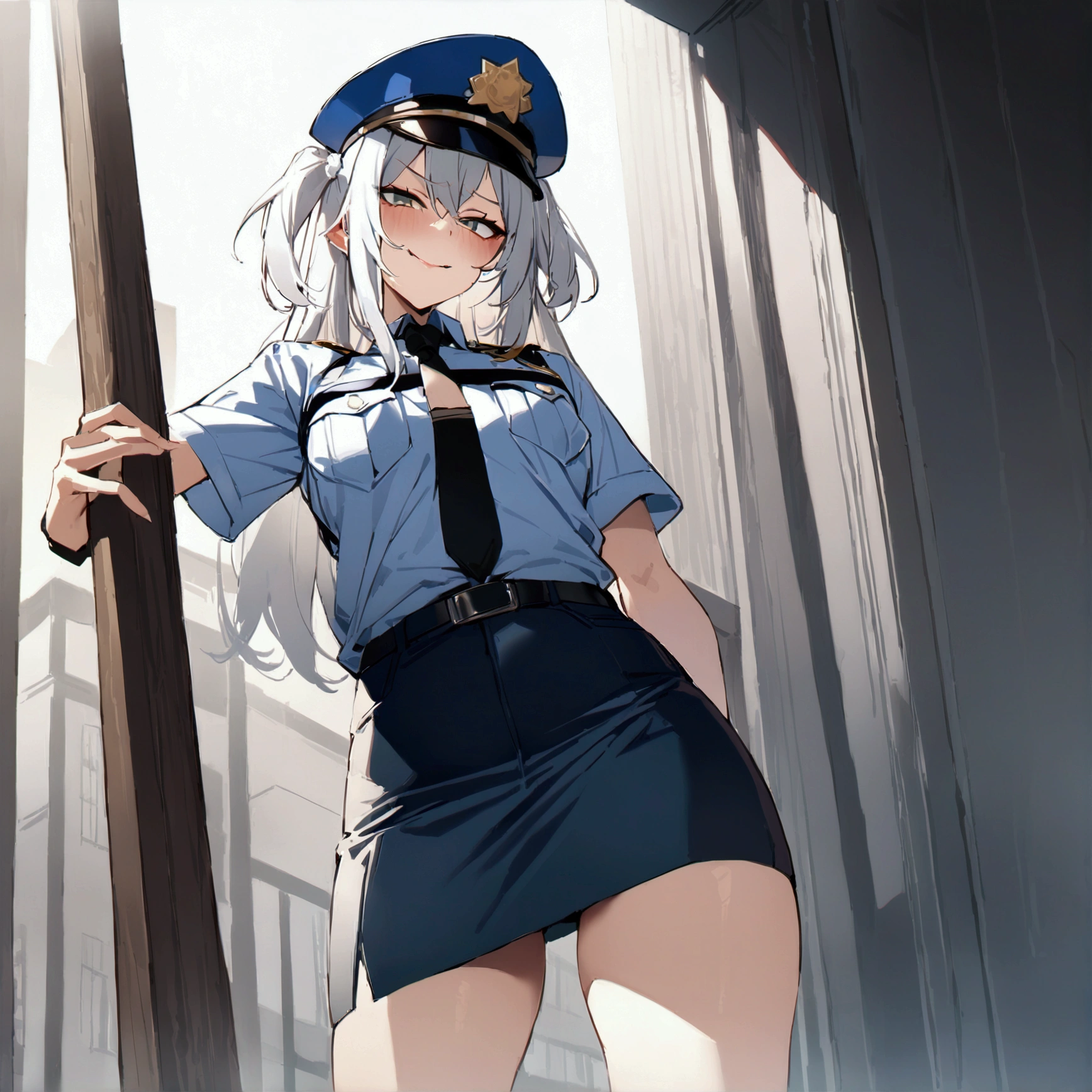 NSFW,masterpiece,Highest quality,High resolution,Super detailed,Shishirabotan\(Hololive\),Long Hair、Two Side Up,(((police costume))),navel,pencil skirt,evil smile,hanging rifle,standing