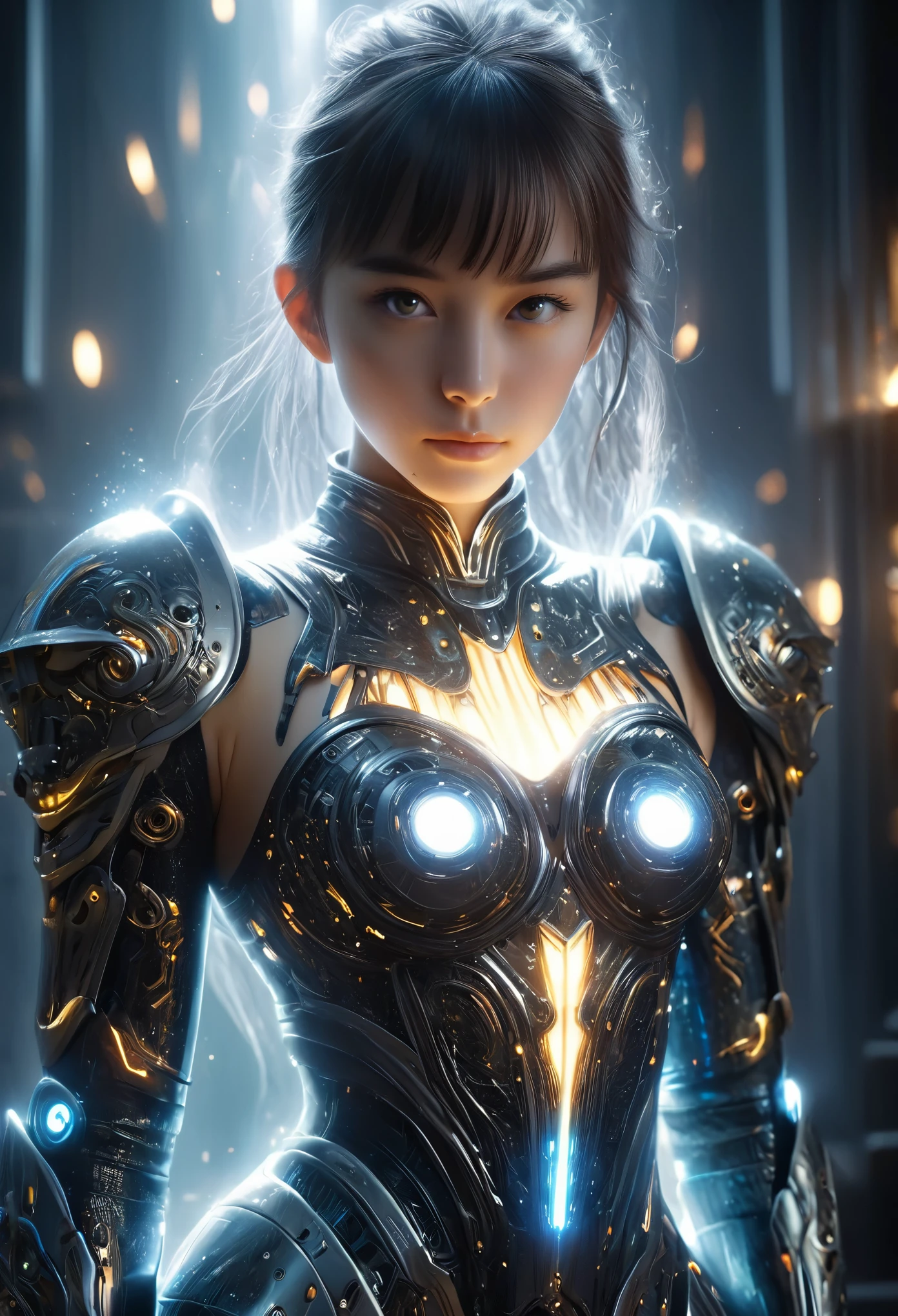 (Best Quality, 4K, 8K, High Resolution, Masterpiece: 1.2), (Super Detailed, Realistic, Photorealistic:1.37), A woman in futuristic clothing, Trending on cgstation, Trending on cgstation, (Portrait of a girl in the Knights of the Zodiac:1.4), blunt bangs, Cute Cyborg Girl, Perfect android girl, Portrait Astronaut Girl, Beautiful girl cyborg, (Girl wearing iridescent black and white mechanical cyber armor:1.3), Game CG, cgsociety and fenghua zhong, Beautiful Cyborg Shrine Maiden, Bioluminescence, (Yua Yaiba:0.5), (Golden eyes:1.5), Anatomically correct grip, (Sharp and long claws:1.4), erotic and sexy, black, wearing A gorgeous cape with beautifully detailed embroidery, (beautiful tits, beautiful breasts, beautiful nipples:1.5), (NSFW:1.5)