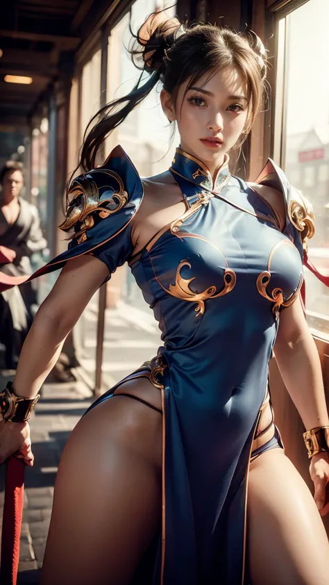 create a hyper-realistic masterpiece of sexy chun-li, goddess of beauty, she is adorable, has well-shaped lips. she is known for...