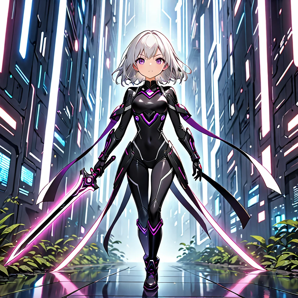 ((Best Quality)), ((Masterpiece)),((16k)), (((hzk))) slender, cute girl with medium-length white hair and vibrant purple eyes. She wears a tight-fitting, sleek suit with high-tech boots and chestplates. The outfit includes matching vambraces, all in a futuristic, high-tech design. She wields a high-tech sword, adorned with glowing lights along the blade and hilt. The girl's expression is calm and focused, complementing her stylish, advanced gear.