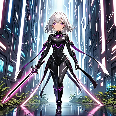 ((best quality)), ((masterpiece)),((16k)), (((hzk))) slender, cute girl with medium-length white hair and vibrant purple eyes. s...