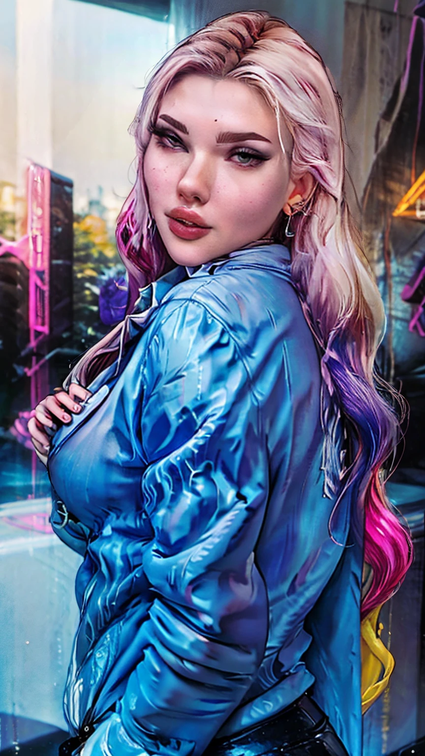 1girl, colorful theme, synthwave sky,(best quality, high quality, high resolution), realistic, ultra-detailed, highly detailed face features, absurdres,  realistic lighting and reflections, highly detailed face features, see through shirt, best photo,high quality illustration