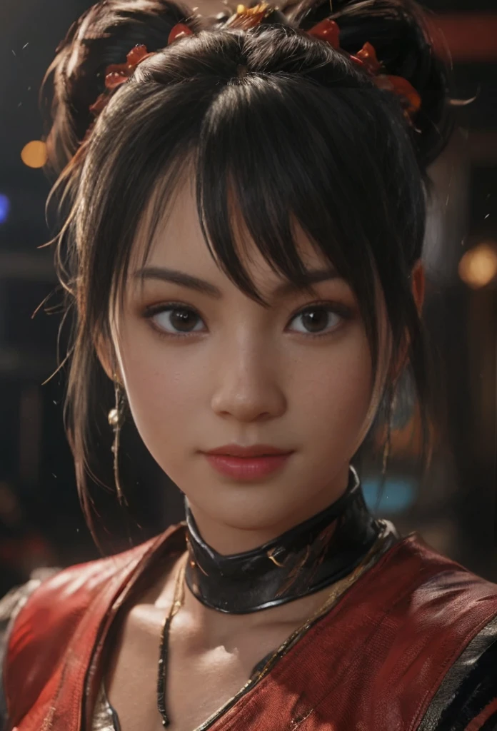 Tekken, Xiaoyu, (best qualityer, ultra detail), (realisitic:1.37), beautiful and detailed face, ultra-realisitic texture, Exquisite face, Delicate body, red lipgloss stick, shiny colors. High definition, 8k, expression a slight cute smile