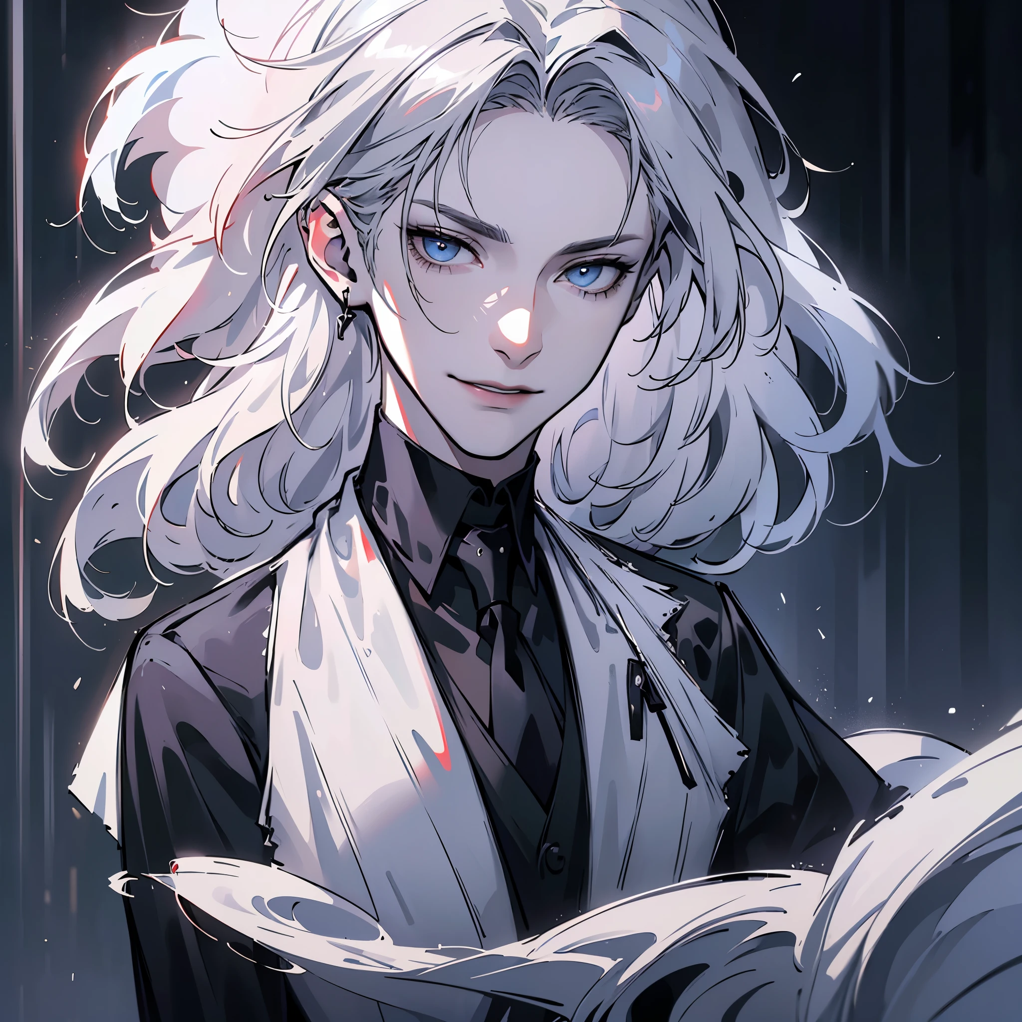 one man, long white hair, pale skin, 35 years old, grey-blue eyes, long dark gray coat, white shirt, black gloves, black pant, black vest, black necktie, sadistic smile, white porcelain mask in hands, (best quality, 4k, 8k, highres, masterpiece:1.2), ultra-detailed, realistic, photorealistic, photo-realistic:1.37, HDR, UHD, studio lighting, ultra-fine painting, sharp focus, physically-based rendering, extreme detail description, professional, vivid colors, bokeh, portrait