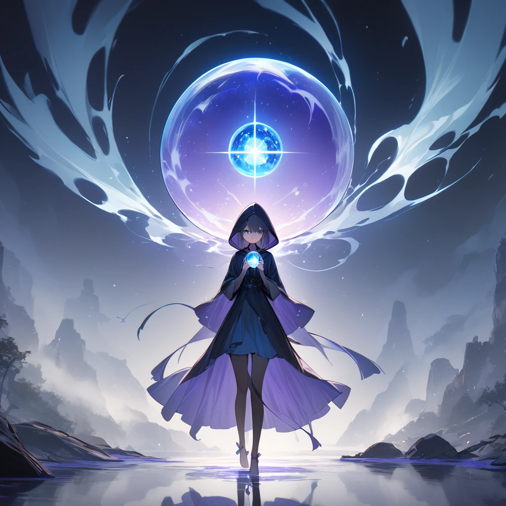 (((masterpiece, best quality, 8k))) (hzk), full-body shot of a hooded girl with a perfect face, standing on a reflective ground. She is holding a source of blue and purple light energy, with many particles surrounding her. The environment is dark and misty, with the only source of light coming from the energy and particles, all glowing in blue and purple tones. The atmosphere is mysterious and otherworldly, with a misty haze drifting around her feet. Her face is partially obscured by the hood, and her eyes are focused intently on the luminous orb in her hands, astronomy back ground