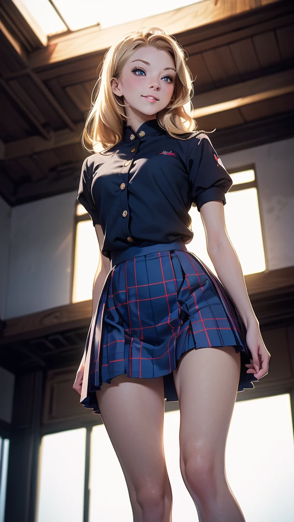 (masterpiece, best quality, chromatic lighting, professional quality), beautiful 18 year girl, blonde hair, blue eyes, seductive smile, wide hips, skinny waist, long legs, school girl uniform, navy plaid short skirt