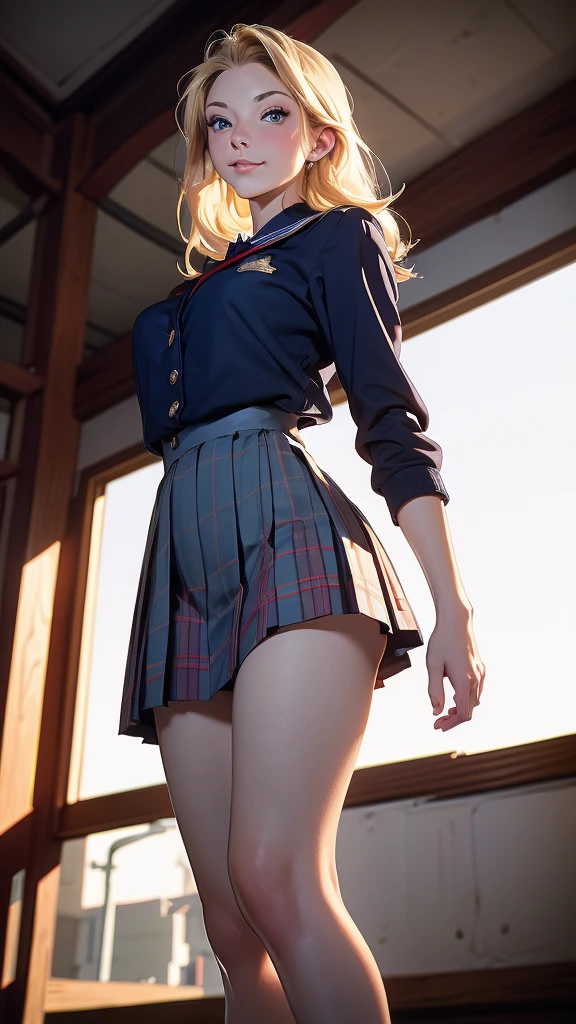 (masterpiece, best quality, chromatic lighting, professional quality), beautiful 18 year girl, blonde hair, blue eyes, seductive smile, wide hips, skinny waist, long legs, school girl uniform, navy plaid short skirt