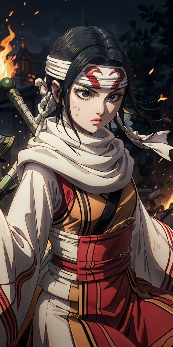 Create a dynamic portrait of a young Japanese warrior woman in three-quarter view, facing slightly to the right. Her eyes are closed in deep concentration, eyebrows slightly furrowed. Long, silky black hair is tied high on her head, with a few strands escaping to frame her face. A white headband with a round green gem sits on her forehead. Her pale skin has a soft glow, with a hint of pink on her cheeks and lips. She wears a white kosode (kimono-style top) with wide sleeves and a red hakama (pleated skirt-like pants). A green and yellow obi (sash) is tied around her waist. Dark arm wraps cover her forearms. She grips a katana with both hands, the blade crossing diagonally in front of her body from lower left to upper right. The sword's hilt is ornate, featuring green wrapping and gold accents. The character is in motion, her clothing and hair flowing dramatically. White and red fabric billows behind her, creating sweeping curves that contrast with the straight line of the sword. The background is dark and atmospheric, with hints of orange and red suggesting fire or embers. Sparks or small flames float in the air around her. Lighting is dramatic, with a strong light source from the upper left casting shadows and creating a rim light effect on the character's right side. The overall style should blend traditional Japanese art with modern fantasy illustrations, emphasizing clean lines and a sense of movement and power.
