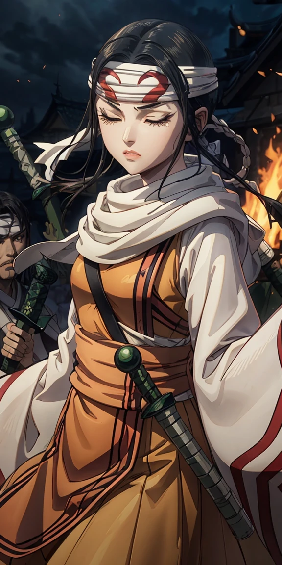 Create a dynamic portrait of a young Japanese warrior woman in three-quarter view, facing slightly to the right. Her eyes are closed in deep concentration, eyebrows slightly furrowed. Long, silky black hair is tied high on her head, with a few strands escaping to frame her face. A white headband with a round green gem sits on her forehead. Her pale skin has a soft glow, with a hint of pink on her cheeks and lips. She wears a white kosode (kimono-style top) with wide sleeves and a red hakama (pleated skirt-like pants). A green and yellow obi (sash) is tied around her waist. Dark arm wraps cover her forearms. She grips a katana with both hands, the blade crossing diagonally in front of her body from lower left to upper right. The sword's hilt is ornate, featuring green wrapping and gold accents. The character is in motion, her clothing and hair flowing dramatically. White and red fabric billows behind her, creating sweeping curves that contrast with the straight line of the sword. The background is dark and atmospheric, with hints of orange and red suggesting fire or embers. Sparks or small flames float in the air around her. Lighting is dramatic, with a strong light source from the upper left casting shadows and creating a rim light effect on the character's right side. The overall style should blend traditional Japanese art with modern fantasy illustrations, emphasizing clean lines and a sense of movement and power.
