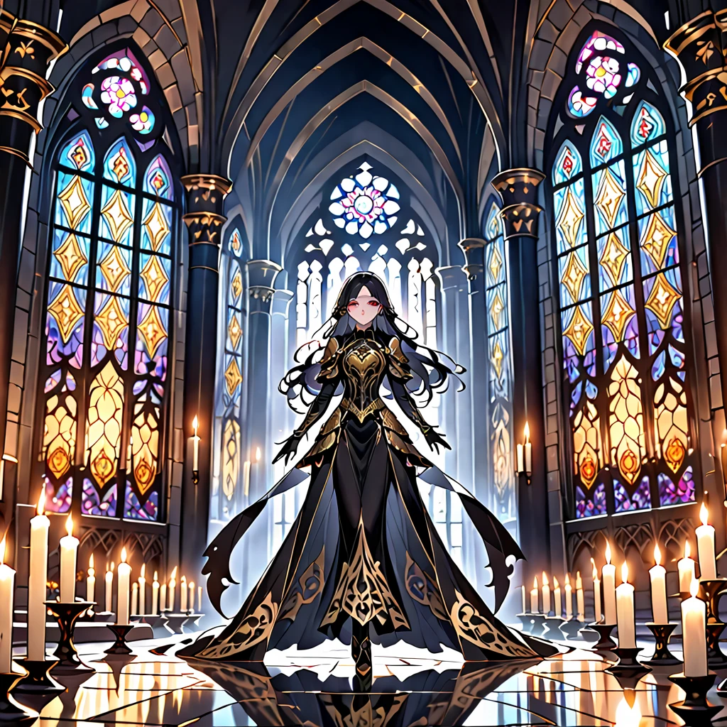 A breathtaking artwork of a female character of unimaginable beauty, set in a dark and opulent environment. The full-body view reveals an impressive figure, exuding an aura of power and mystery. She wears black and gold clothes, radiating a luxurious darkness. Her armor is detailed and characteristic, with intricate golden designs that shimmer in the dim light. Ornate shoulder pads protect her shoulders, and the armor perfectly molds to her body, accentuating her formidable presence. Her long black hair flows like a river of darkness, contrasting with her mesmerizing scarlet eyes. Her beauty is almost supernatural, a perfect blend of grace and menace. She wields a cursed blade that seems to pulse with malevolent energy, enhancing her aura of danger. The setting around her is a gothic and luxurious environment, with dark arches and stained glass windows that filter a supernatural light. In the background, candles flicker, casting dancing shadows on the intricately carved stone walls. It is a place that blends elegance and terror, perfectly reflecting the essence of the character. (hzk)