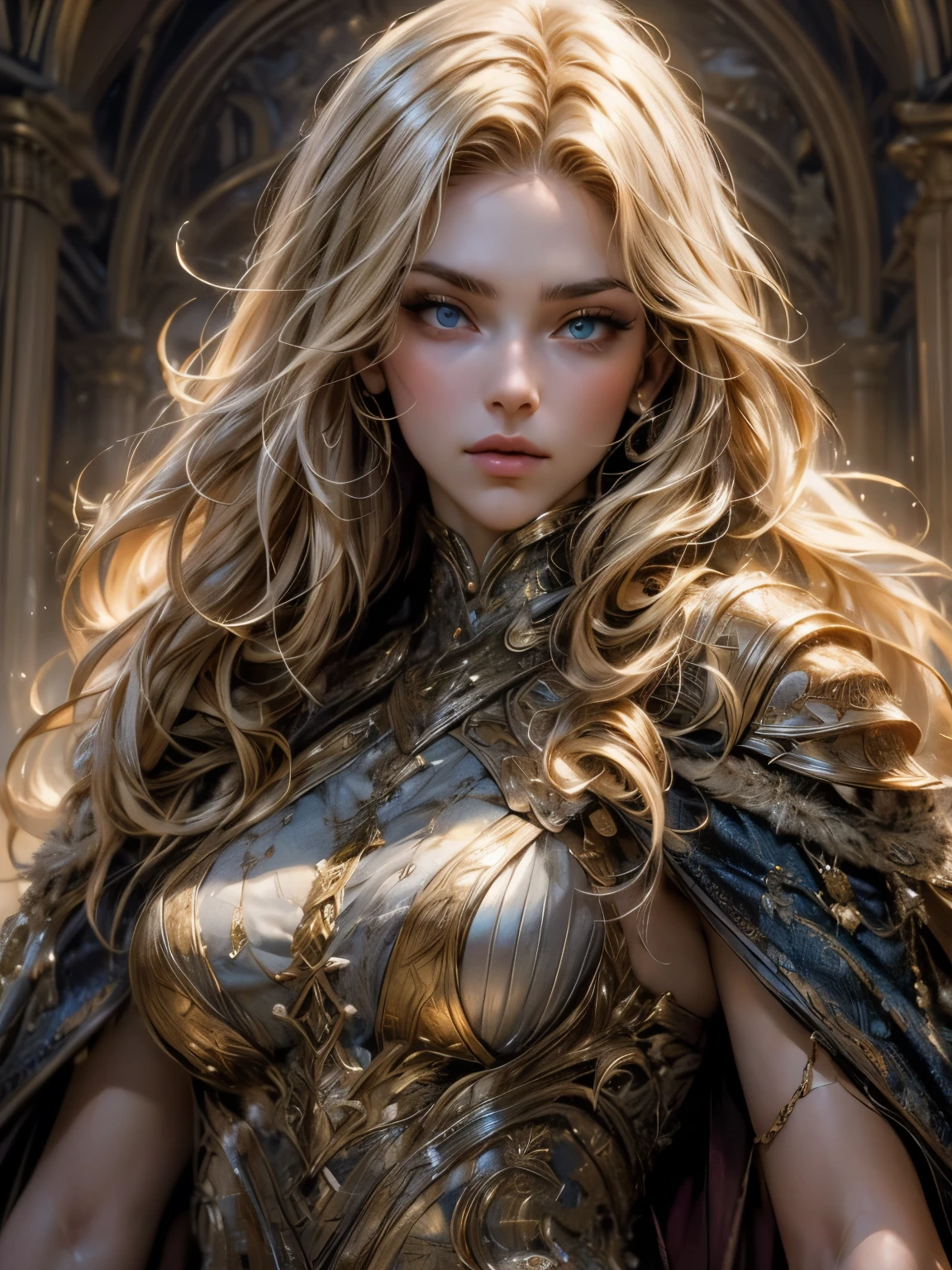 ((masterpiece、highest quality、Super detailed、High resolution、sharp focus、cinematic lighting))、portrait of a beautiful woman、cowboy shot、focus from the chest up、face light、viking warrior、((fur cloak、Warrior armor))、blonde hair、wavy hair、blue eyes、view audience、dynamic action、detailed hand drawing、Priest