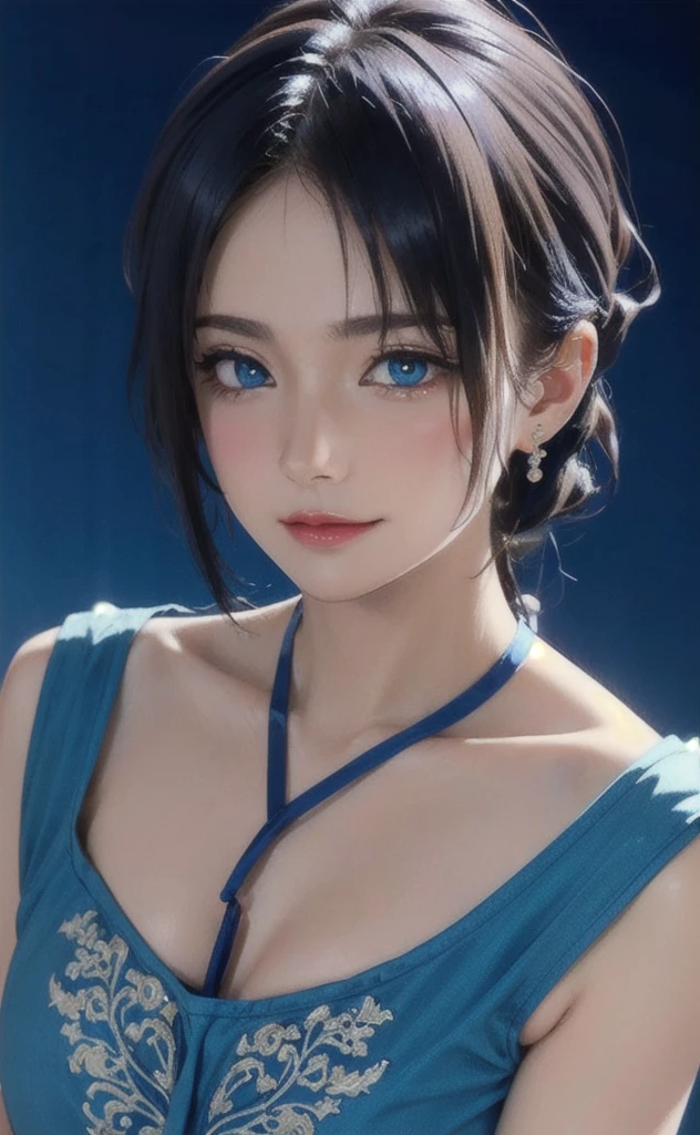 (masterpiece:1.4, Highest quality), (Intricate details), unity 8k wallpaper, Super detailed, beautifully、aesthetic, Perfect lighting, (One person), (Blue Hair, blue eye, Medium chest),, Dynamic pose, Dynamic Angle,  lipstick, slim, slim body, Medium chest, , Detailed Background, Realistic, alone, Face in perfect detail, detailed eye, Very detailed, blush, hair ornaments, rolling_eye, squint,