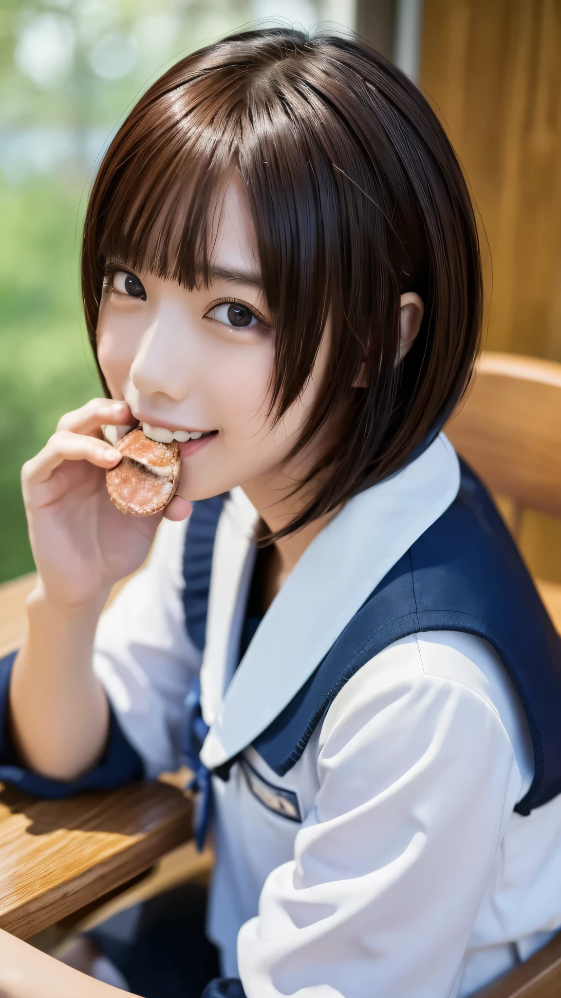 ((masterpiece, Highest quality, High resolution)), 1 Japanese person、(Realistic: 1.4), With a large sausage in his mouth、smile、Great face、Glossy lips、15 years old, Short Bob、(Beautiful Hair:1.5), Japanese high school uniform、Sailor suit、At the cafe、In front of the table、Facing forward、Sitting on a chair、Staring、Angle from the front, Smooth, Highly detailed CG composite 8K wallpaper, High resolution RAW color photos, Professional photography, Light, BackLight, impressive, Written boundary depth, (Face close-up:1.4)