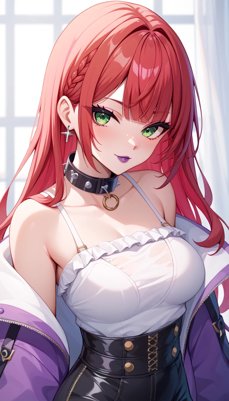 (masterpiece, best quality, ultra-detailed), 1girl, RogueXME, two-tone hair, red hair, white bangs, green eyes, purple makeup, purple lipstick, studded collar, medium breasts