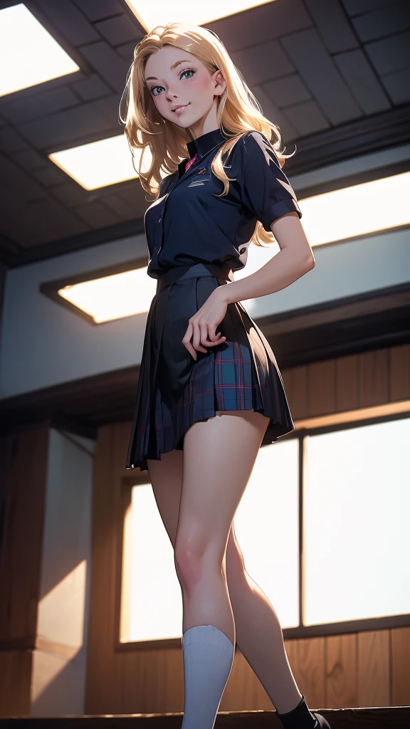 (masterpiece, best quality, chromatic lighting, professional quality, high detail), beautiful 18 year girl, blonde hair, blue eyes, seductive smile, wide hips, skinny waist, long legs, school girl uniform, navy plaid short skirt, white collar shirt, black tights