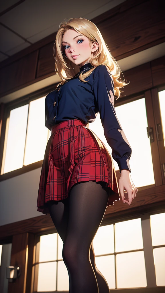 (masterpiece, best quality, chromatic lighting, professional quality, high detail), beautiful 18 year girl, blonde hair, blue eyes, seductive smile, wide hips, skinny waist, school girl uniform, navy plaid short skirt, pantyhose