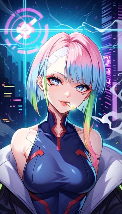 1girl, solo, lucy \(cyberpunk\), cyberpunk \(series\), asymmetrical hair, short hair, blue hair, green hair, pink hair, multicol...