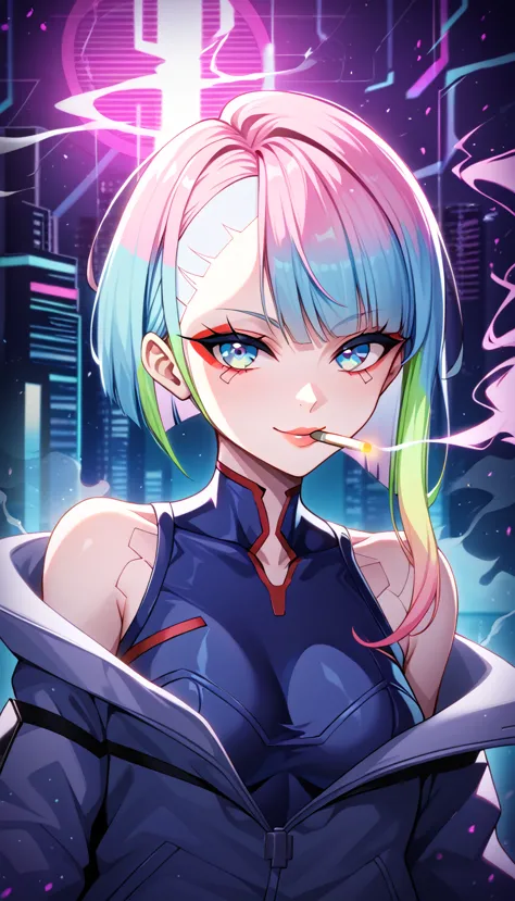 1girl, solo, lucy \(cyberpunk\), cyberpunk \(series\), asymmetrical hair, short hair, blue hair, green hair, pink hair, multicol...