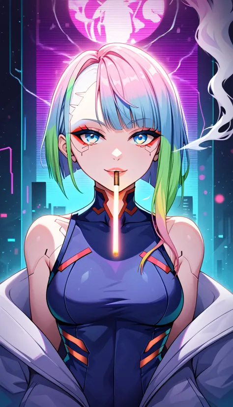 1girl, solo, lucy \(cyberpunk\), cyberpunk \(series\), asymmetrical hair, short hair, blue hair, green hair, pink hair, multicol...