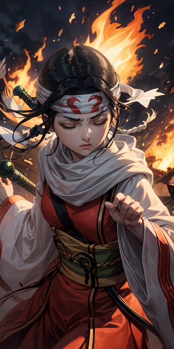 Create a dynamic portrait of a young Japanese warrior woman in three-quarter view, facing slightly to the right. Her eyes are closed in deep concentration, eyebrows slightly furrowed. Long, silky black hair is tied high on her head, with a few strands escaping to frame her face. A white headband with a round green gem sits on her forehead. Her pale skin has a soft glow, with a hint of pink on her cheeks and lips. She wears a white kosode (kimono-style top) with wide sleeves and a red hakama (pleated skirt-like pants). A green and yellow obi (sash) is tied around her waist. Dark arm wraps cover her forearms. She grips a katana with both hands, the blade crossing diagonally in front of her body from lower left to upper right. The sword's hilt is ornate, featuring green wrapping and gold accents. The character is in motion, her clothing and hair flowing dramatically. White and red fabric billows behind her, creating sweeping curves that contrast with the straight line of the sword. The background is dark and atmospheric, with hints of orange and red suggesting fire or embers. Sparks or small flames float in the air around her. Lighting is dramatic, with a strong light source from the upper left casting shadows and creating a rim light effect on the character's right side. The overall style should blend traditional Japanese art with modern fantasy illustrations, emphasizing clean lines and a sense of movement and power.
