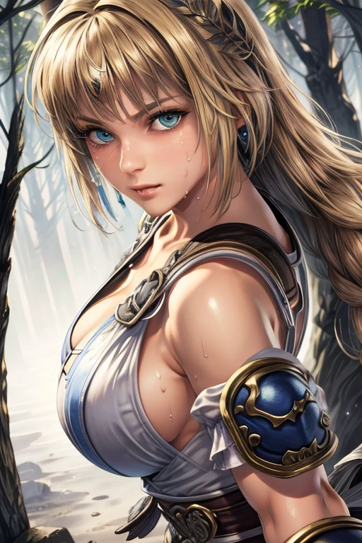 masterpiece, Highest quality,  Unreal Engine,  Super Resolution,  Very detailed, Complex, colorful, Clear images, Sharp focus, Digital Blending, 

Beautiful woman, Sophitia Alexandra, Perfect Eyes, Perfect Face, Ultra detailed hair, Ultra detailed face, Very detailed lips,Vivid expression, Healthy Body, Beautifully detailed sweat glands, Smooth skin texture, Carefully drawn,

(humidity:1.2), Beautiful Eyes, (Attractive face:1.2), (Beautiful Skin), (Big Breasts), Big Ass, Tight waist, Sticky with sweat, In a sexy pose,

In the world of Soul Calibur, In a mysterious forest, From the angle of the feet, 