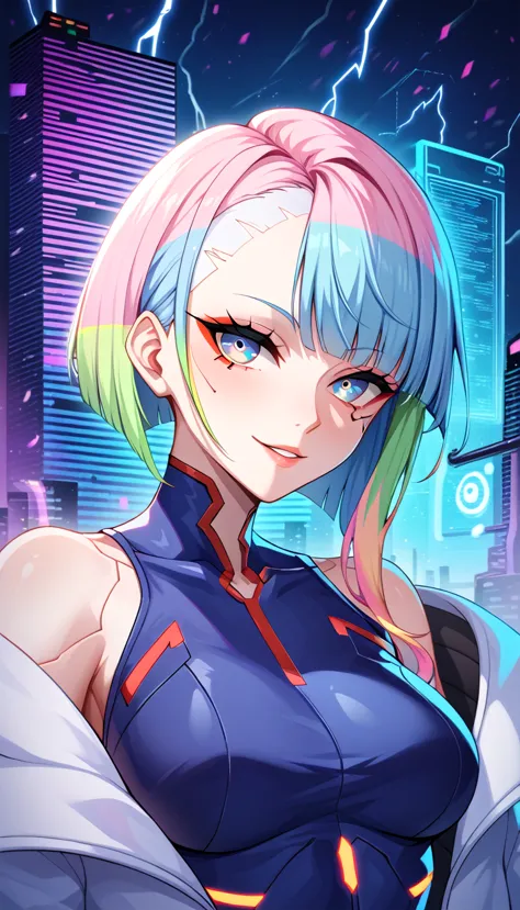 1girl, solo, lucy \(cyberpunk\), cyberpunk \(series\), asymmetrical hair, short hair, blue hair, green hair, pink hair, multicol...