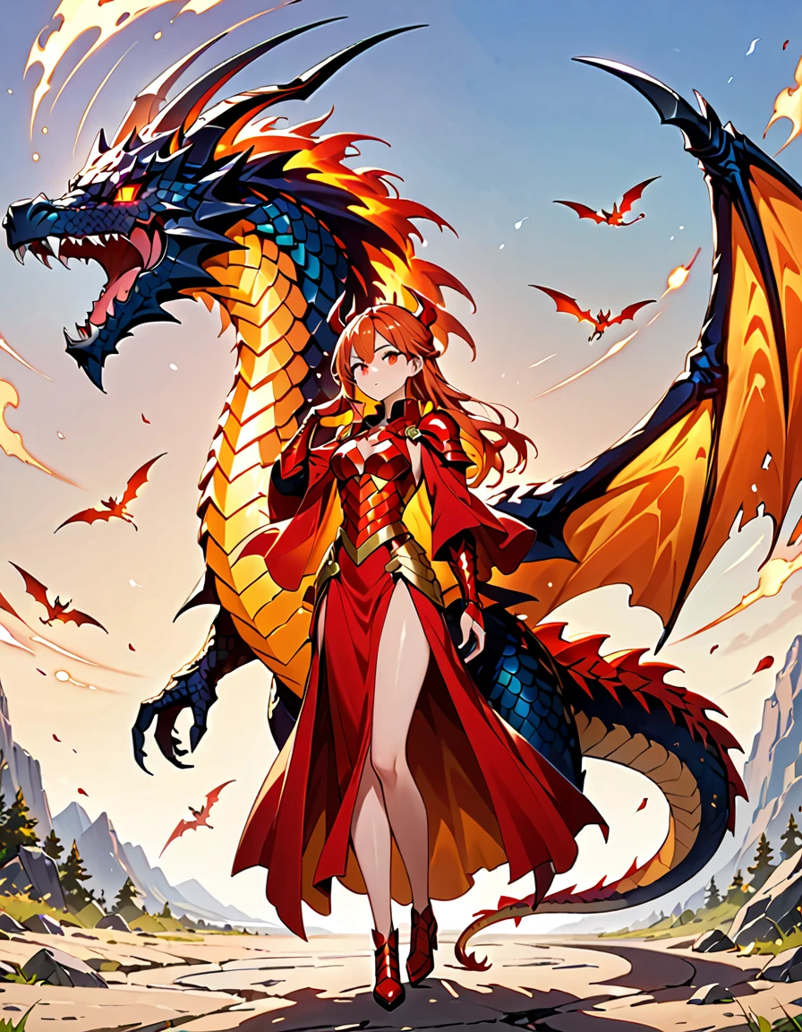 (((masterpiece, best quality, high detailed, 16k))) hzk (1girl) A fierce dragon rider with wild, fiery orange hair and blazing red eyes. She wears a suit of dragon-scale armor that shimmers in shades of red and gold, and a large sword is strapped to her back. She stands confidently beside her dragon, her hand resting on its massive neck. ((full body view))
