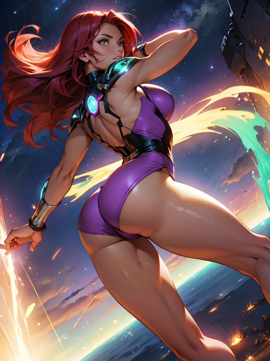 Starfire the Teen Titans, 35 years old woman, bright red hair, eyes glowing green, mellow, intimidating pose, Legs long, curves, breasts big, thick-thighs, Broad Hips, long eyelashes, Flying through the night sky, arched back, Perfect feet, vesfeet in of frame, feet detailed, very feminine, Purple clothes, purple mini skirt, up skirt, purple panties showing, camel toe, collant roxo, low-cut leotard