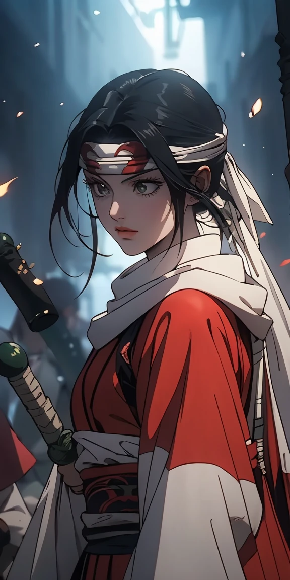 masterpiece, highest quality, 1 girl, Create a dynamic portrait of a young Japanese warrior woman in three-quarter view, facing slightly to the right. Her eyes are closed in deep concentration, eyebrows slightly furrowed. Long, silky black hair is tied high on her head, with a few strands escaping to frame her face. A white headband with a round green gem sits on her forehead. Her pale skin has a soft glow, with a hint of pink on her cheeks and lips. She wears a white kosode (kimono-style top) with wide sleeves and a red hakama (pleated skirt-like pants). A green and yellow obi (sash) is tied around her waist. Dark arm wraps cover her forearms. She grips a katana with both hands, the blade crossing diagonally in front of her body from lower left to upper right. The sword's hilt is ornate, featuring green wrapping and gold accents. The character is in motion, her clothing and hair flowing dramatically. White and red fabric billows behind her, creating sweeping curves that contrast with the straight line of the sword. The background is dark and atmospheric, with hints of orange and red suggesting fire or embers. Sparks or small flames float in the air around her. Lighting is dramatic, with a strong light source from the upper left casting shadows and creating a rim light effect on the character's right side. The overall style should blend traditional Japanese art with modern fantasy illustrations, emphasizing clean lines and a sense of movement and power.
