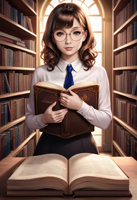 a girl with brown shoulder-length hair, bangs, wearing round glasses in a library, detailed face and eyes, beautiful intricate p...